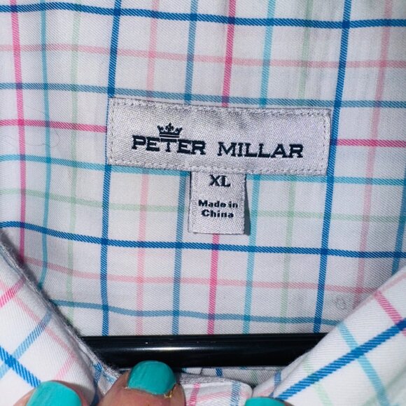 Peter Millar Mens XL Plaid Button-Down Classic Cotton Spandex White Multicolor - Picture 4 of 8